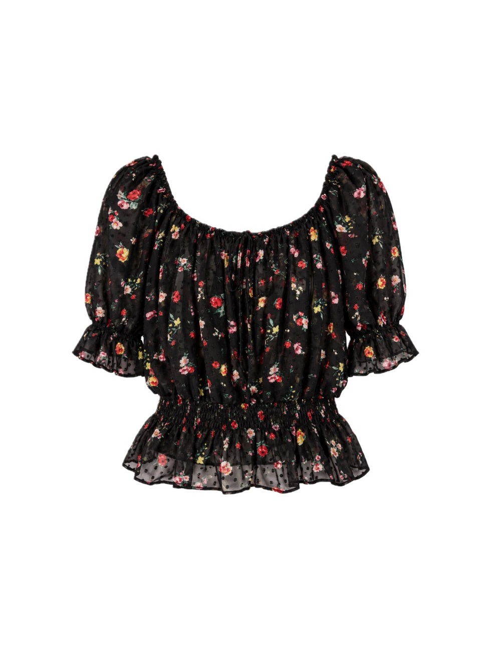 Banana Republic Chiffon Smocked Peasant Blouse - Black Floral, Size L
